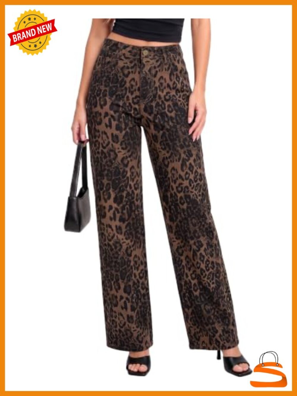Wide Leg Jeans High Waist Cheetah Print Baggy Leopard Pants Stretchy Denim